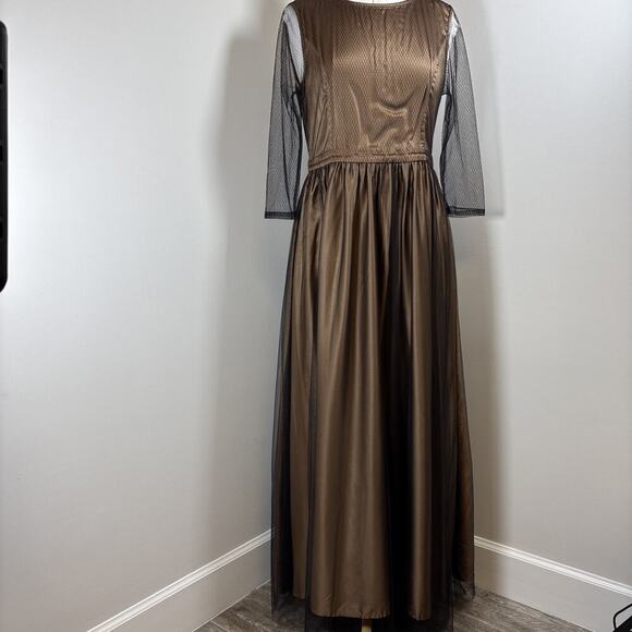 other Dresses & Skirts - Bronze Satin Sheer Black Overlay Long Sleeve Formal Gown Whimsigoth Dark Boho M